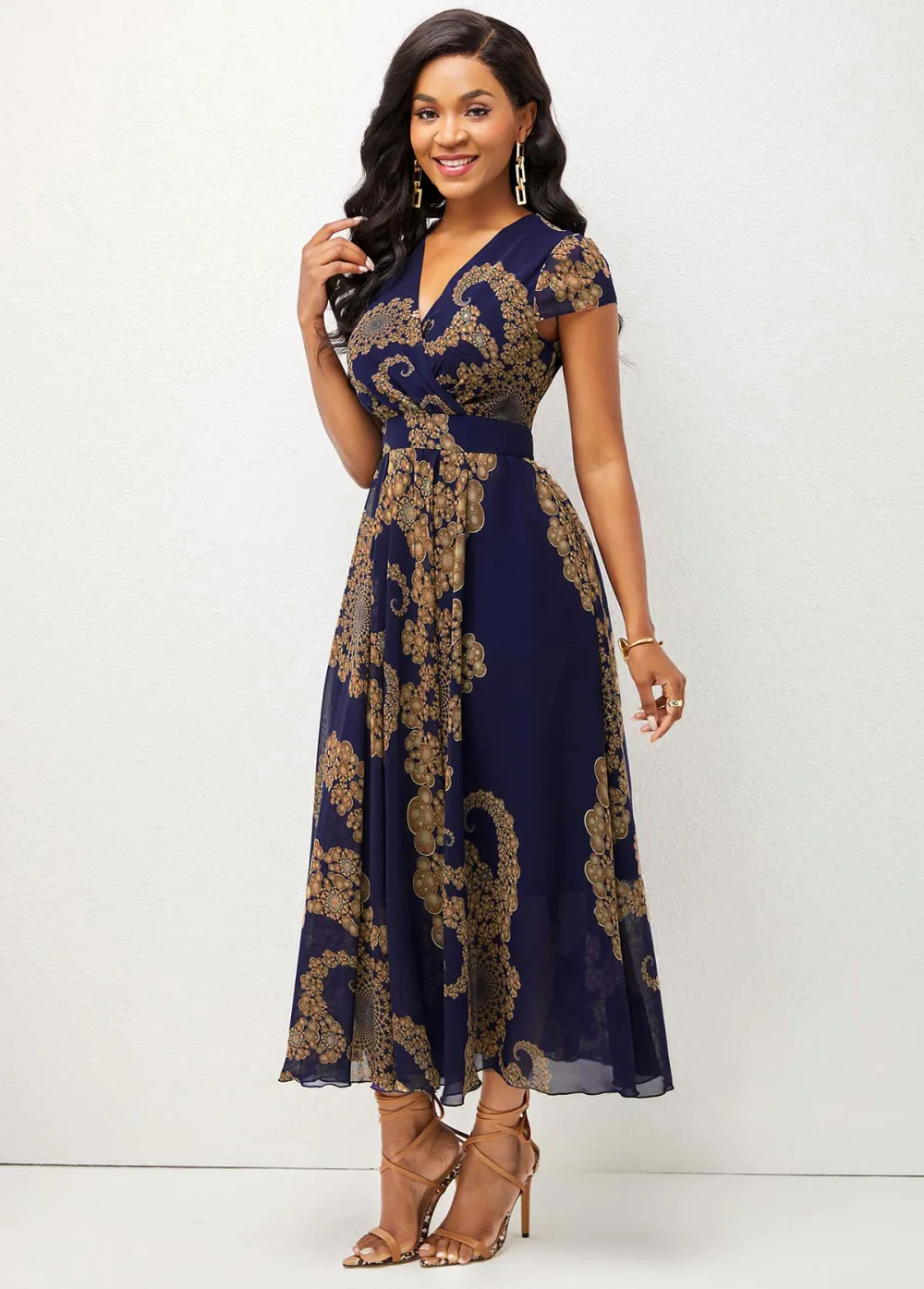 V Neck Tribal Print Short Sleeve Dress