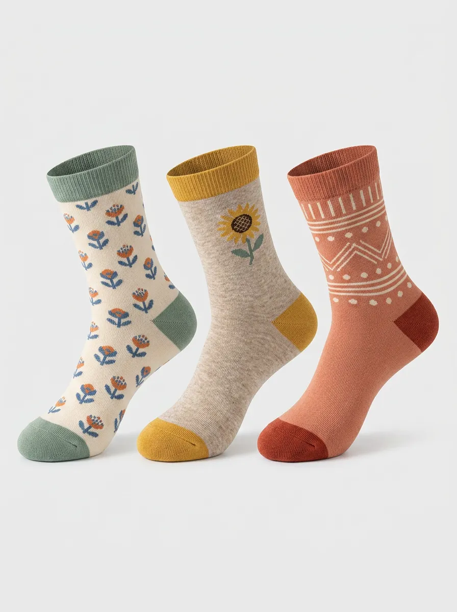 Floral Women's Three-Pair Crew Socks