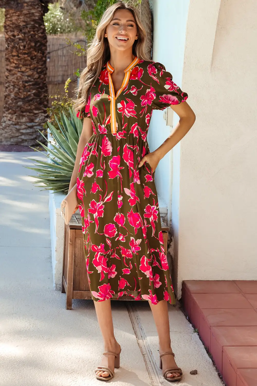 Floral Striped Split Neck Maxi Dress