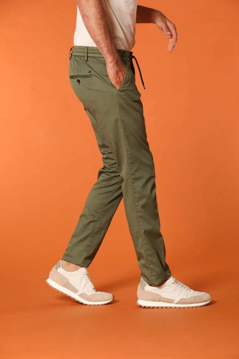 Men'S Green Cotton Twill Elastic Waist Slim Fit Trousers