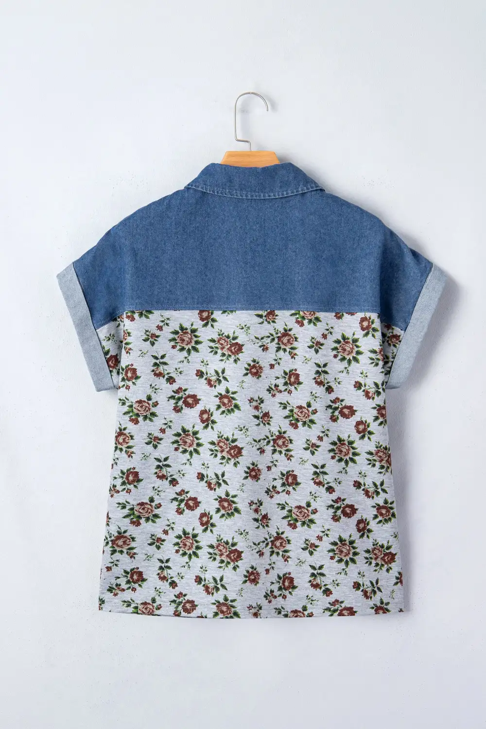 Gray Retro Floral Print Denim Patchwork Buttoned Polo Collar Top