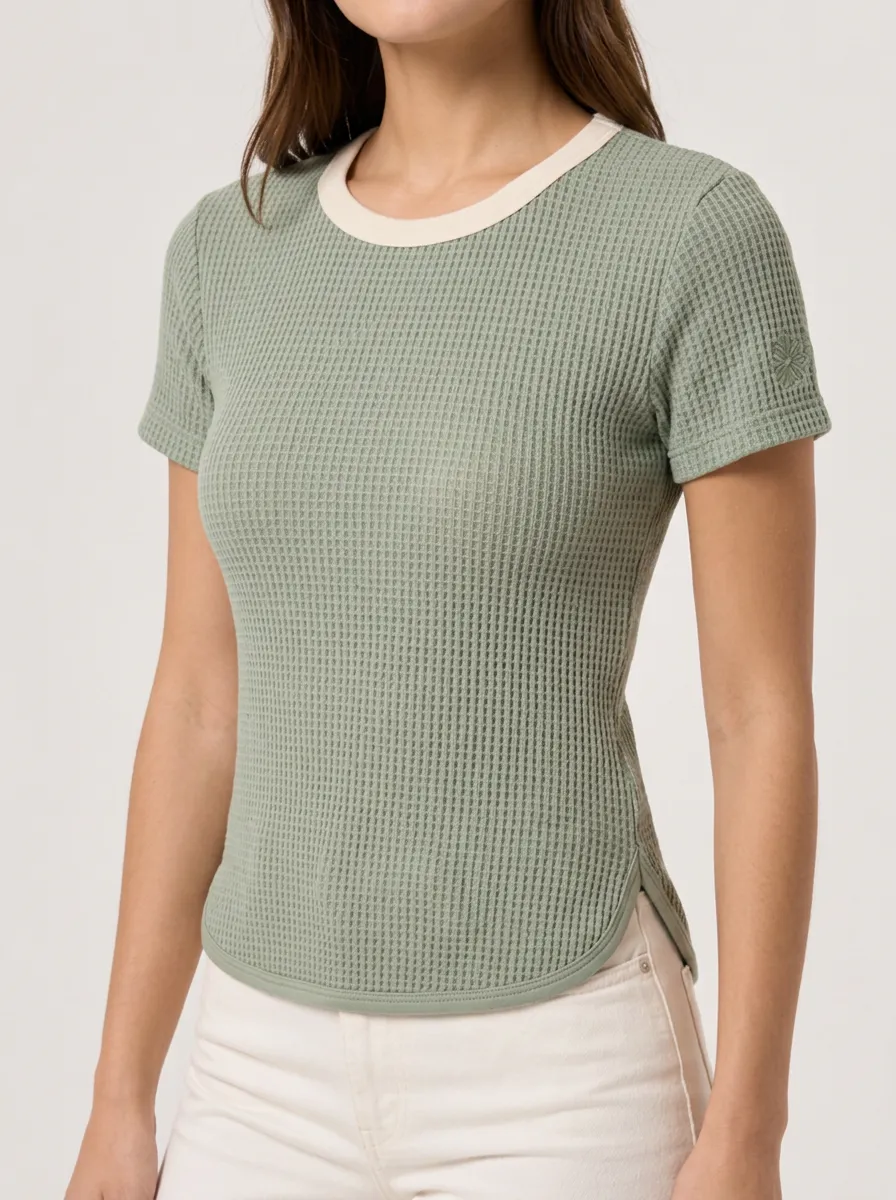 Women's Sage Green Waffle Knit Contrast Crewneck Top