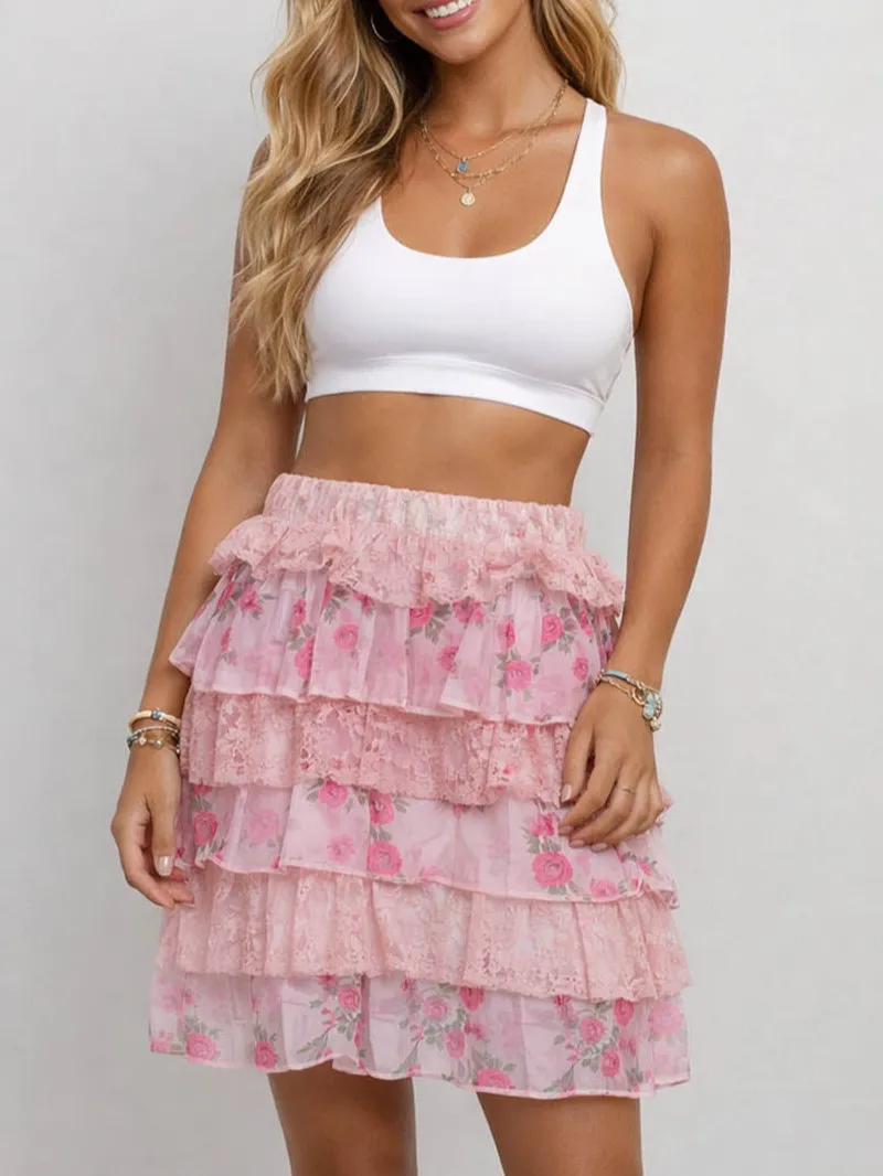 Boho Lace Panel Tiered Ruffle Mini Skirt