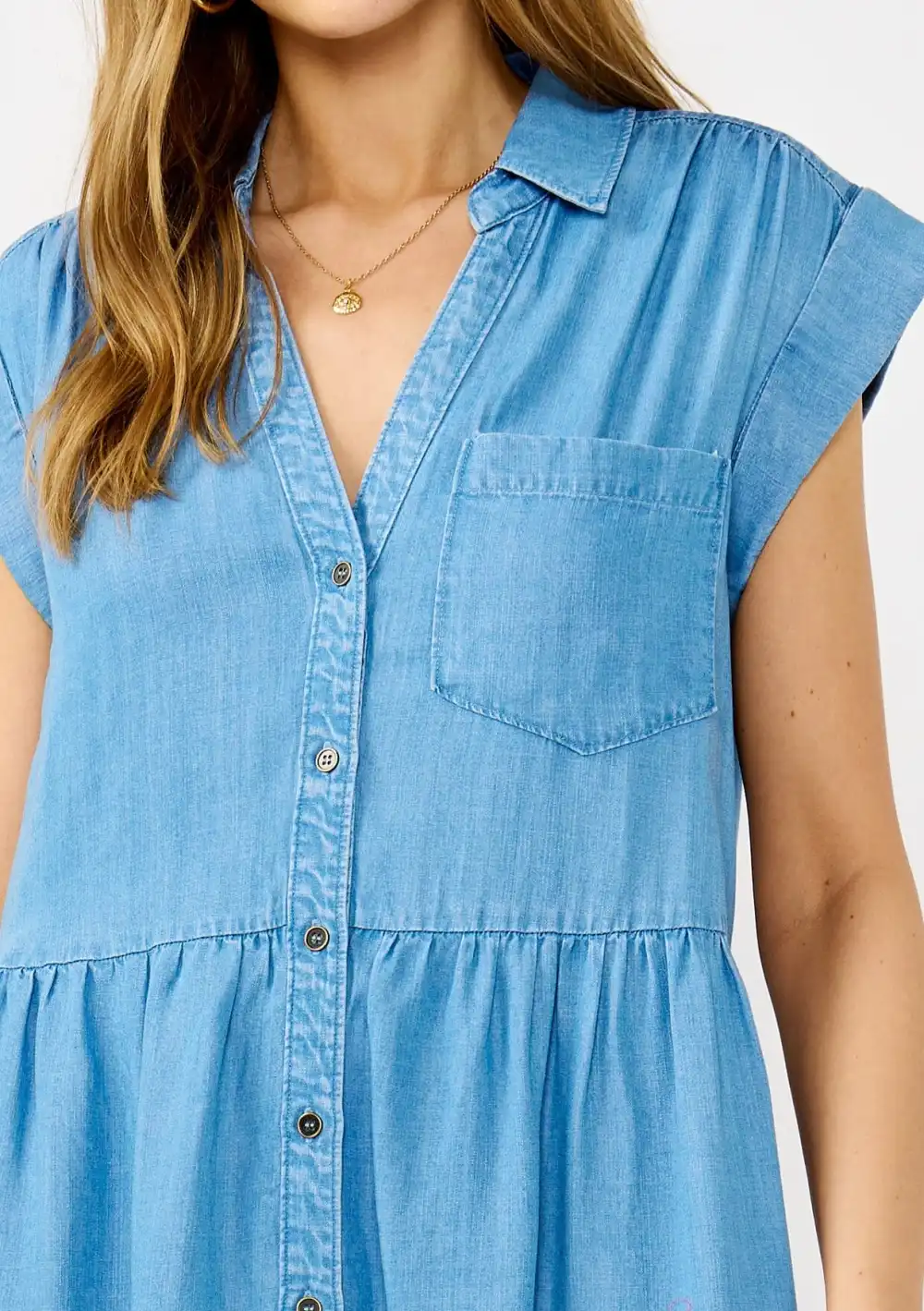 Tiered Button Up Cap Sleeve Dress