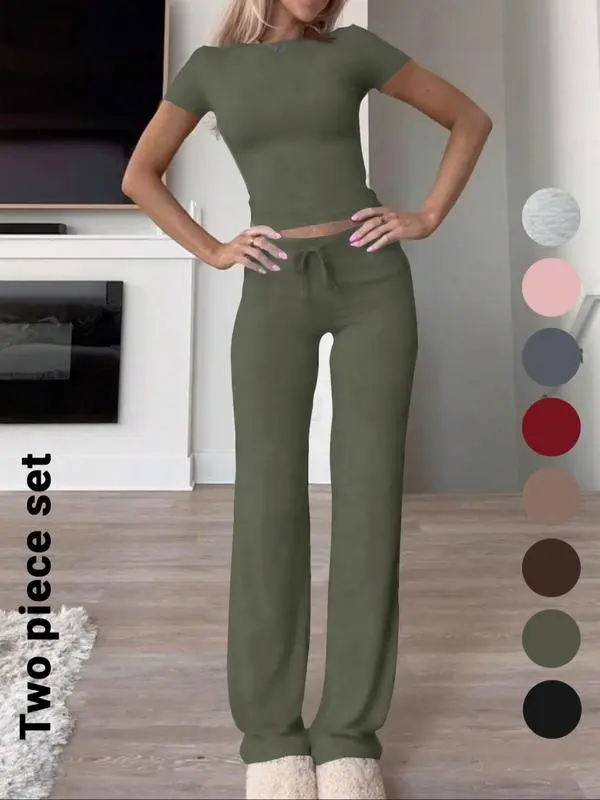 Women's Solid Short Sleeve Two-piece Set