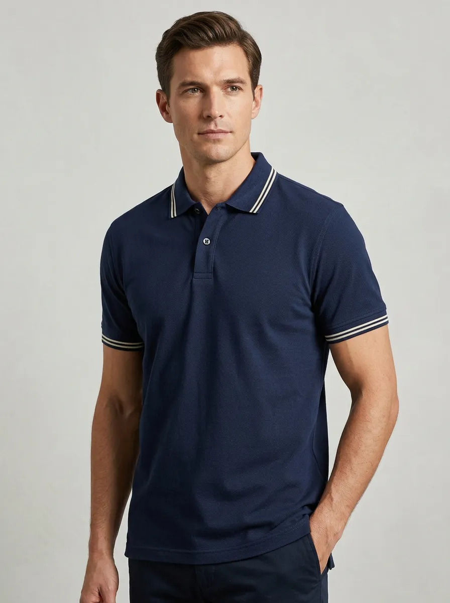 Men's Navy Blue Contrast Striped Collar Printed Polo Shirt