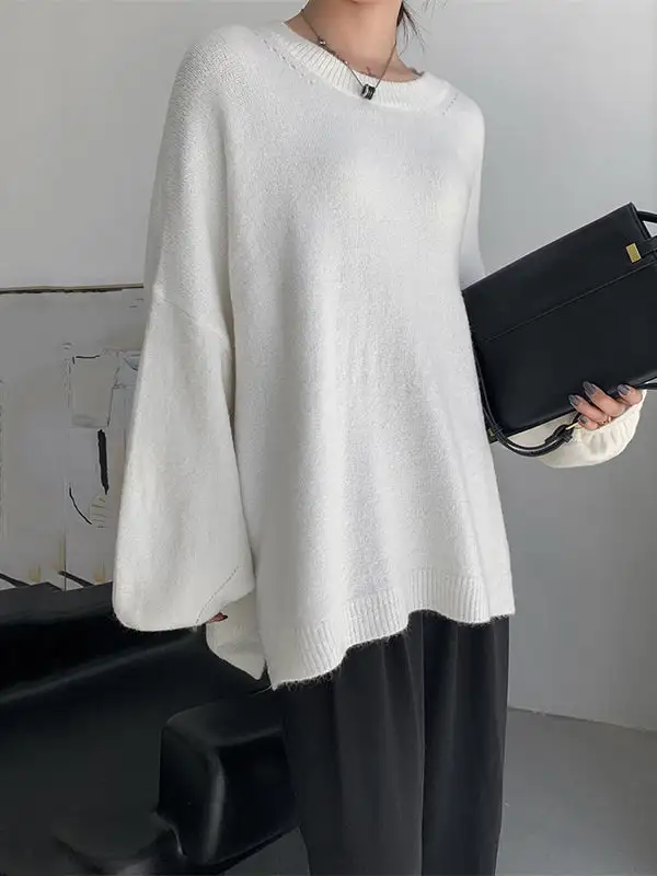 Mohair Blend Stretch Knit Round Neck Balloon Sleeve Relaxed Fit Sweater