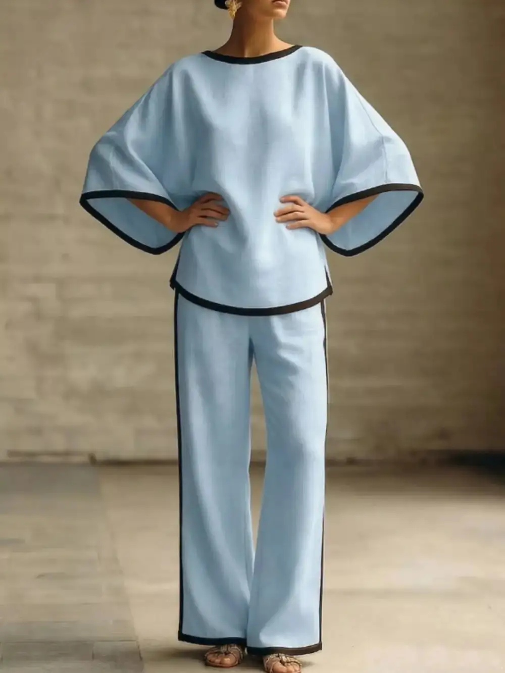 Full Size Contrast Trim Top and Wide Leg Pants