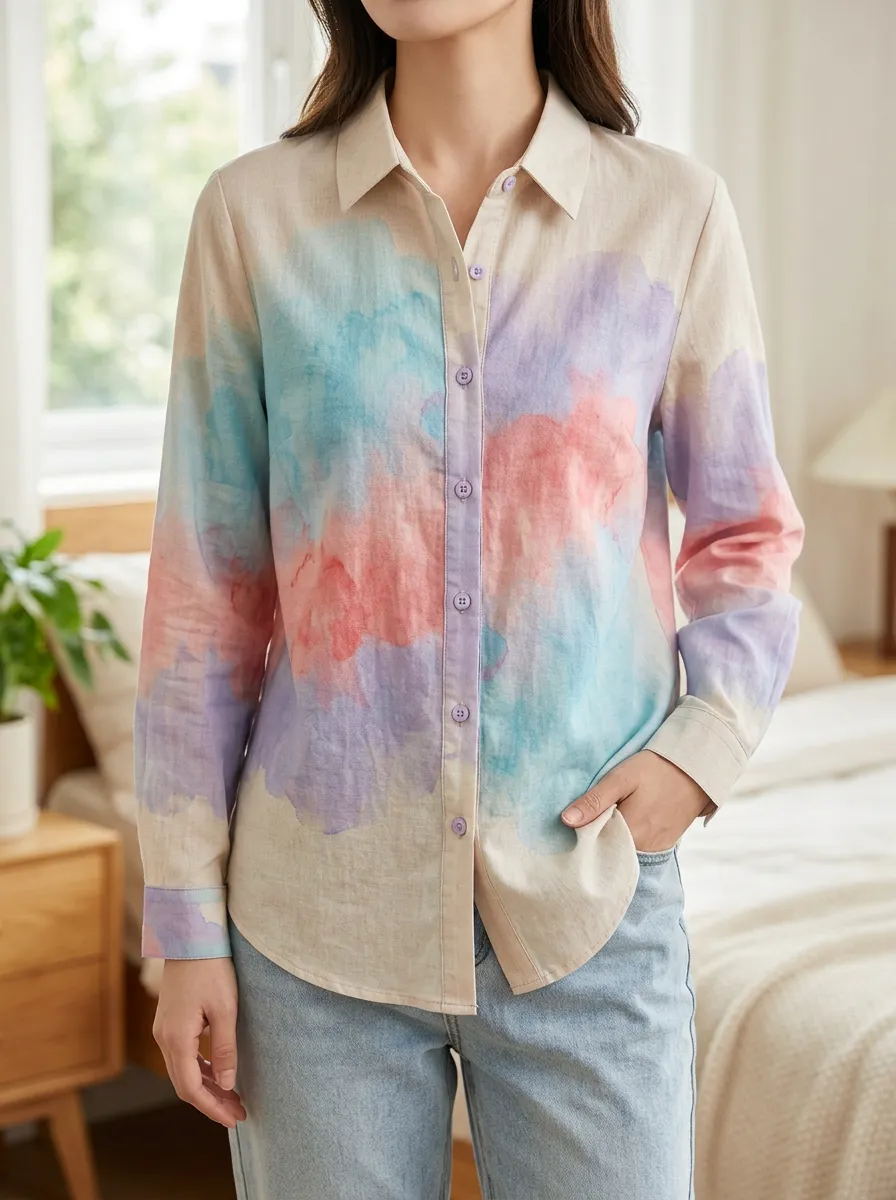 Women's Fluid Casual Style Watercolor Tie-Dye Shirt