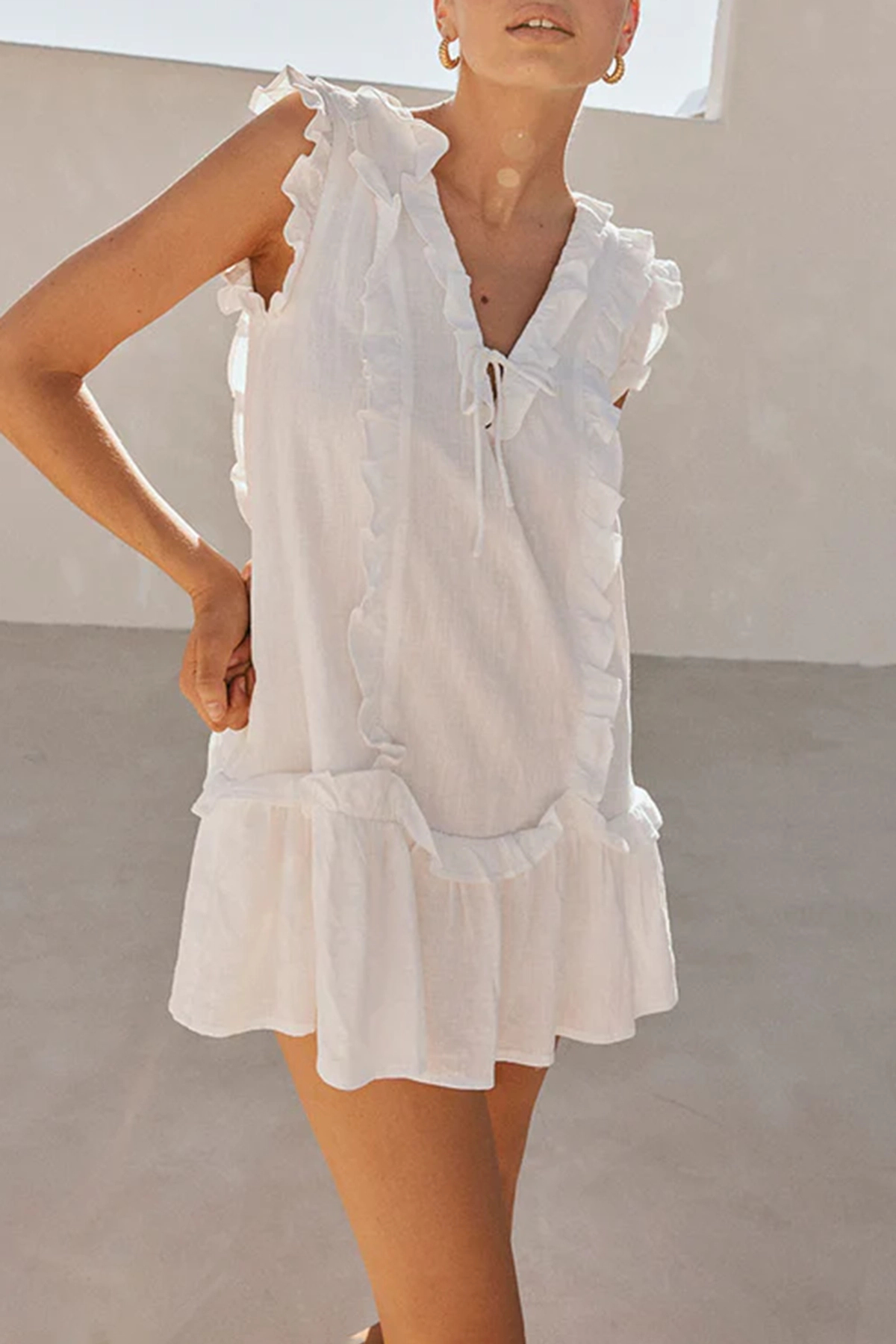 Ruffled V Neck Sleeveless Mini Dress