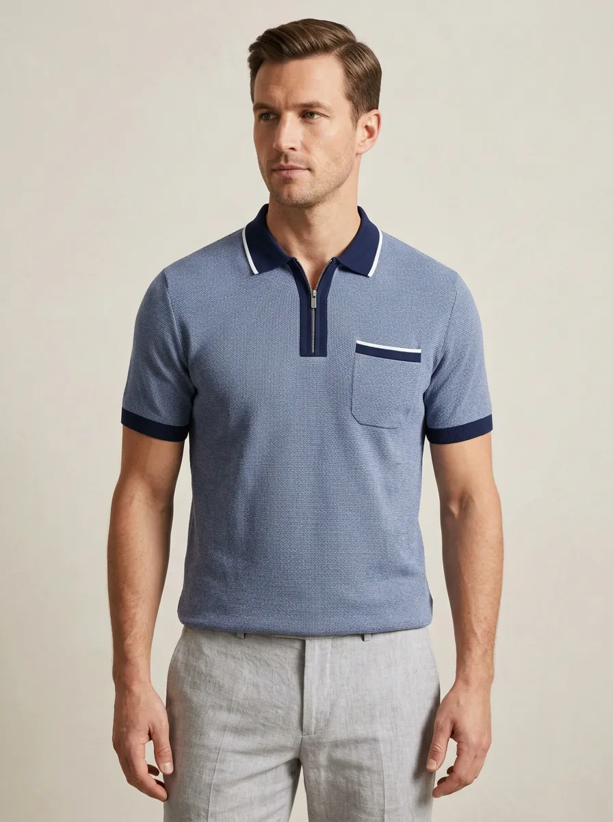 Men's Smart- Textured Zip-Neck Pocket Polo Shirt