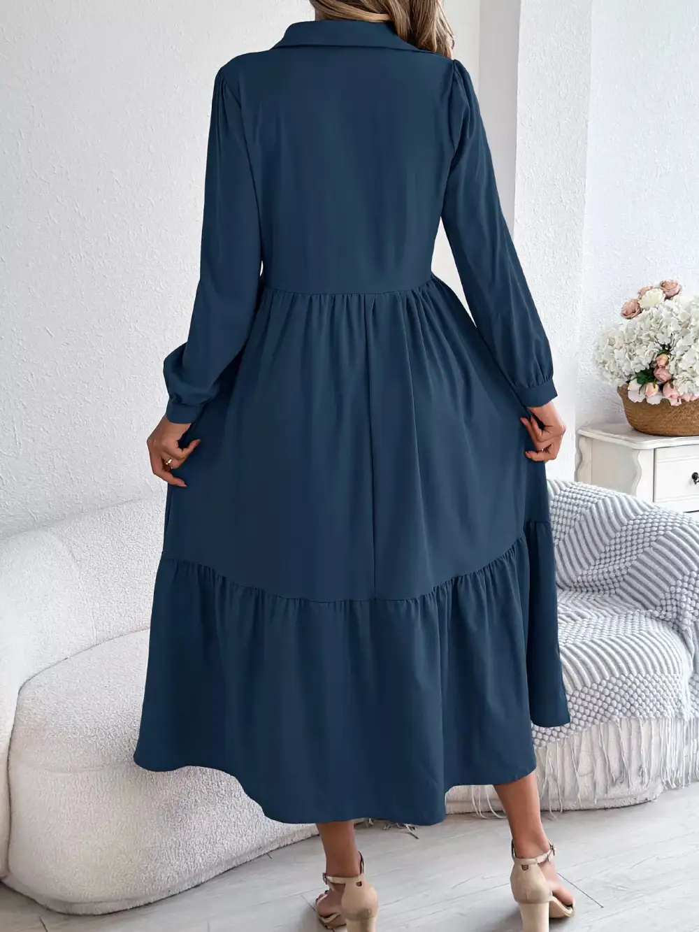 Button Front Tiered Long Sleeve Midi Dress
