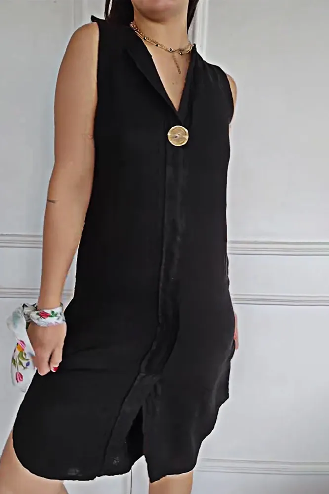 9PACK-Cotton And Linen Button Sleeveless Dress