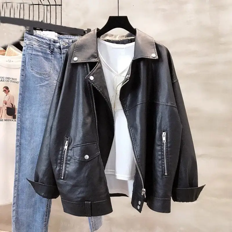 Textured Faux-Leather Leather Casual Outerwear Jacket