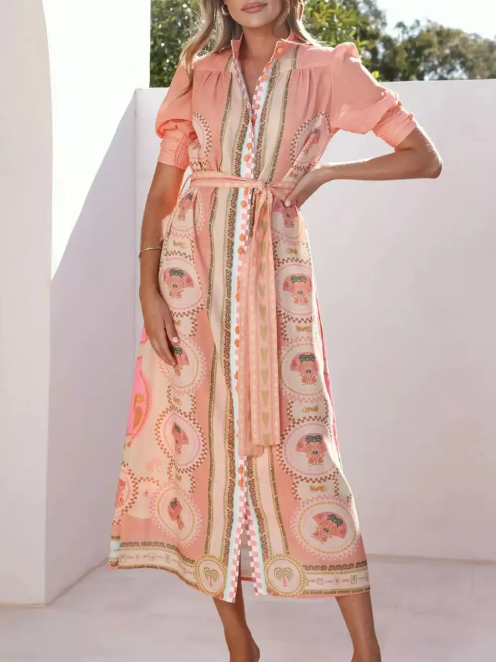 Printed Tie Waist Puff Sleeve Midi Dress