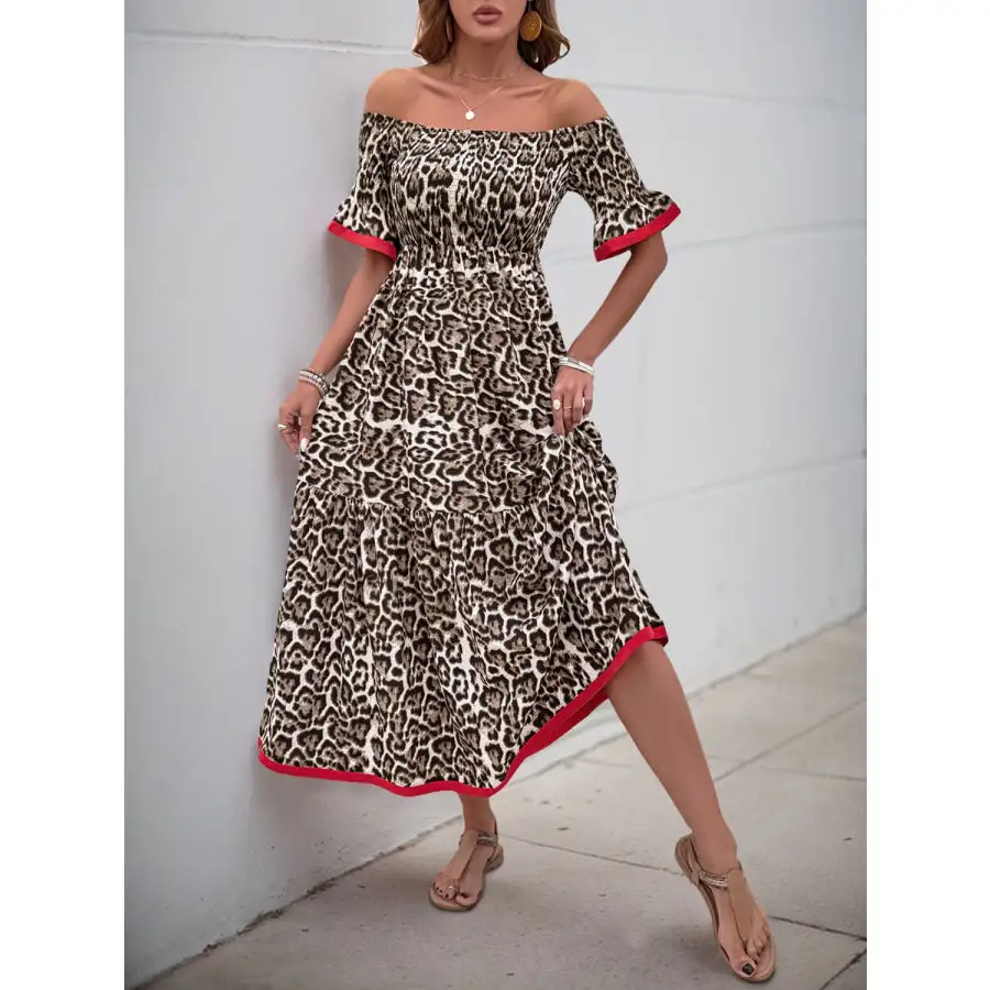 Off-Shoulder Flounce Sleeve Midi Dress