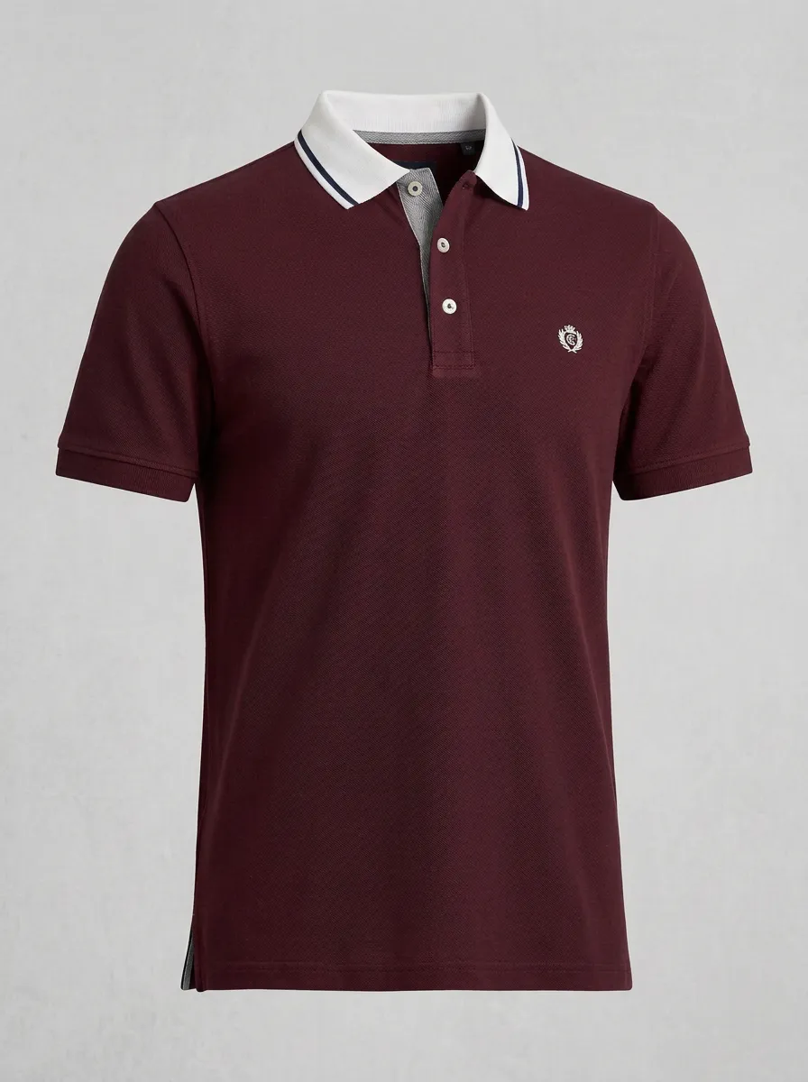 Men's Knit Ribbed Textured Contrast-Collar Crest-Emblem Embroidered Polo Shirt