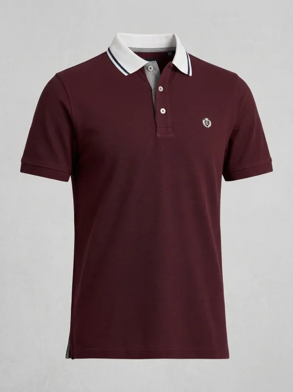 Men's Knit Ribbed Textured Contrast-Collar Crest-Emblem Embroidered Polo Shirt