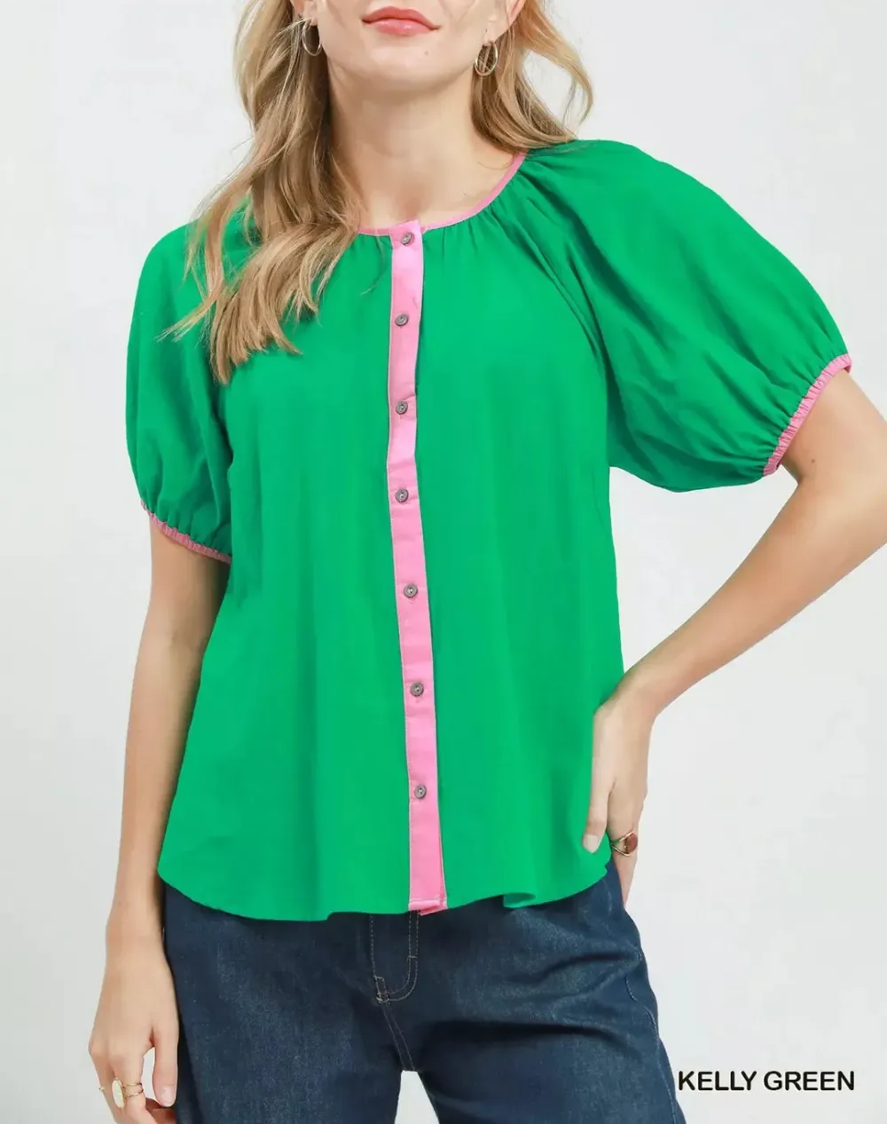 Contrast Trim Button-Front Puff Sleeve Blouse