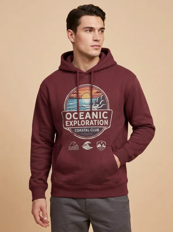 Men's Oceanic Coastal Explorer Sunset Wave Graphic Hoodie