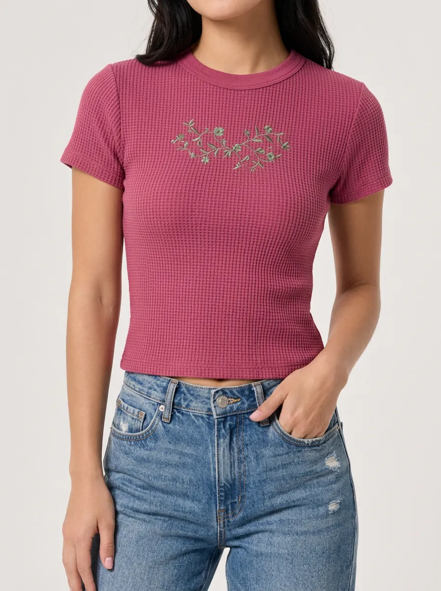 Women's Floral Vine Embroidered Waffle Knit Printed Top