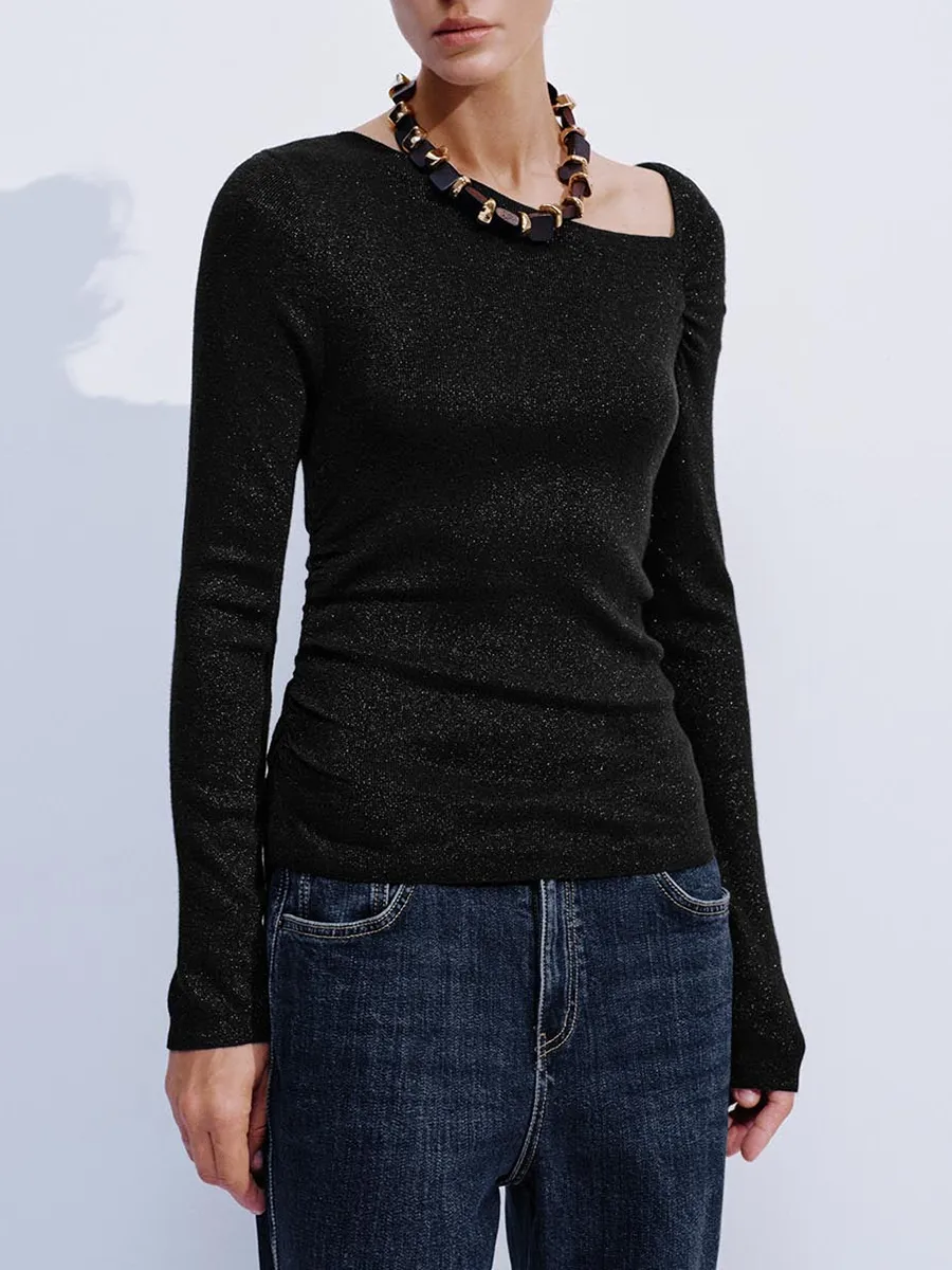 Lady's Shiny Asymmetrical Shoulder T-Shirt