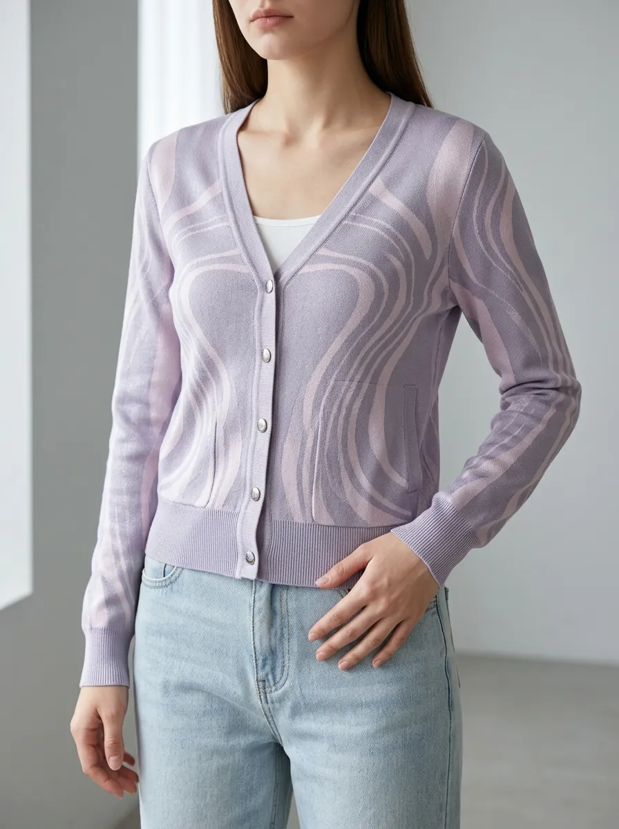 Women's Lavender Abstract Swirl Printed Cardigan
