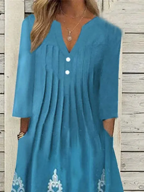 V-neck Casual Loose Vintage Print Short Long Sleeve Midi Dress