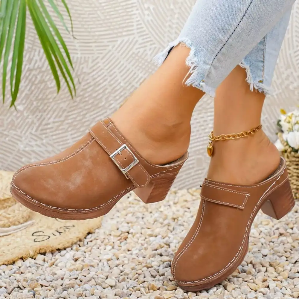Textured Round Toe Block Heel Sandals