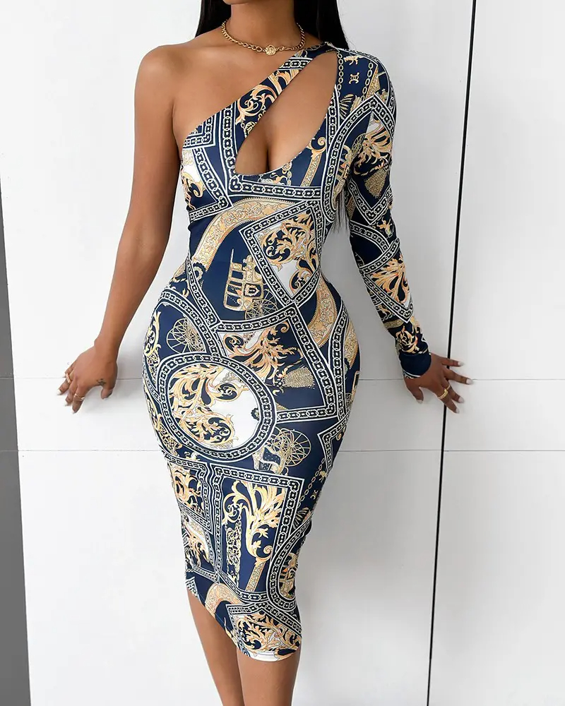 Print One Shoulder Cutout Bodycon Dress