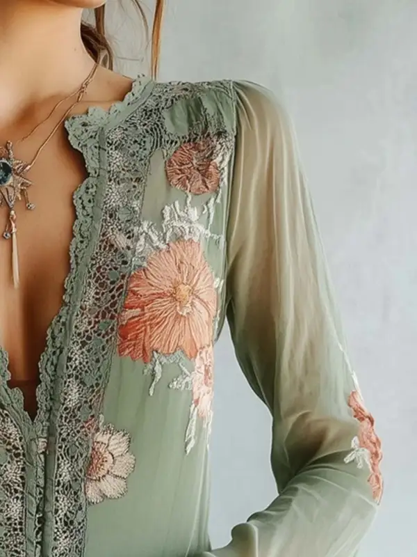 Floral Lace Trim Blouse