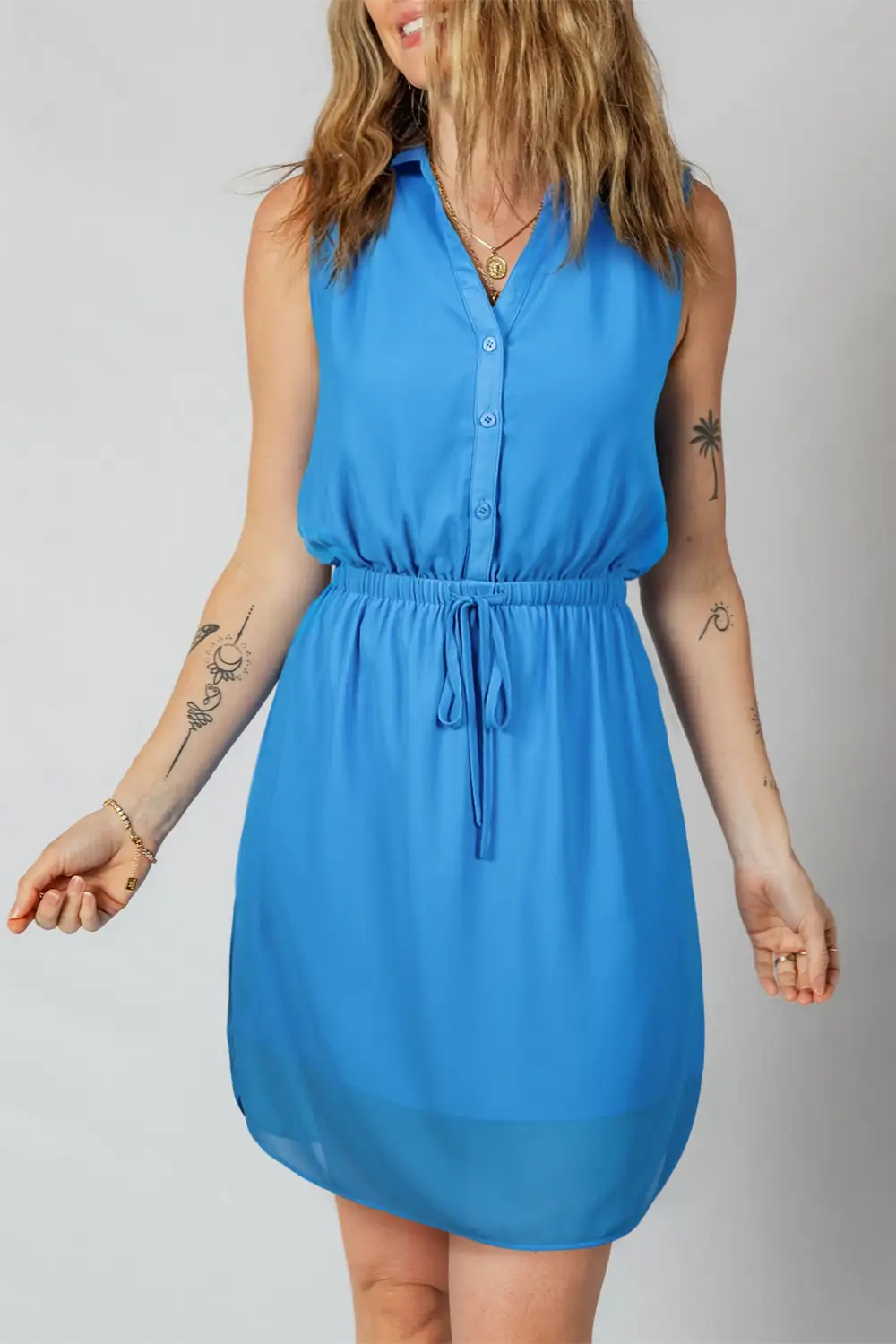 Half Button Sleeveless Collared Shirt Dress