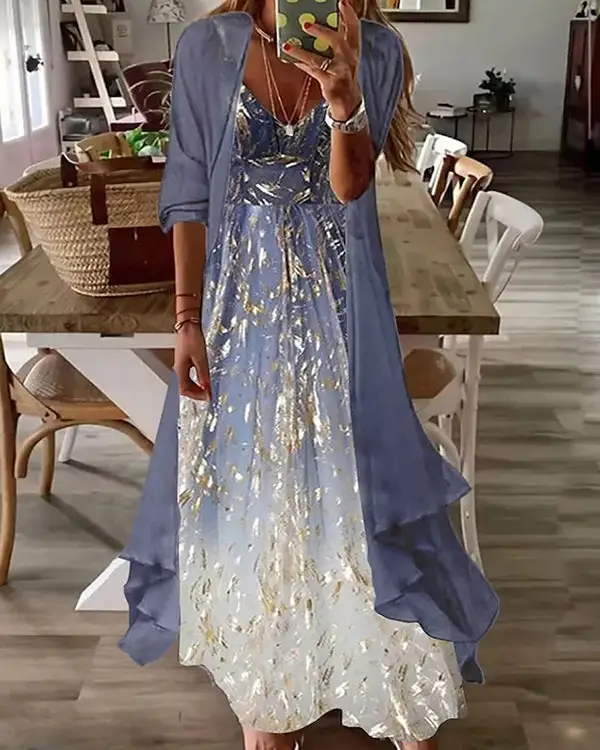 Two-piece Half-sleeve Printed Pleated Casual Sexy Dress008