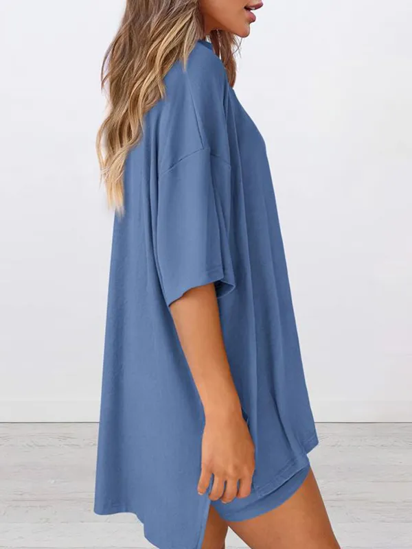 Women'S Summer Two-Piece Set 2025 Casual Oversized Shirts Biker Shorts Matching Airport Travel Outfit Split Hem Lounge