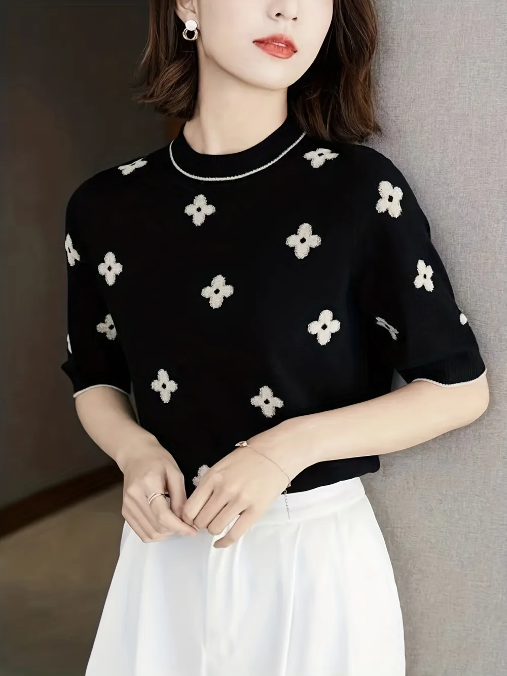 Day Floral Print Knit Sweater Casual Crew
