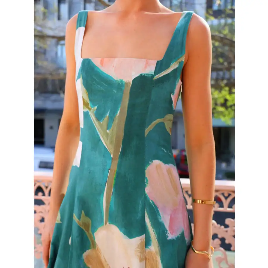 Relaxed Floral Print Square Neck Maxi Dress