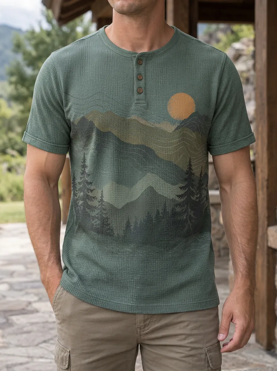 Men's Modern Nature Lover Mountain Forest Sunset Henley T-Shirt