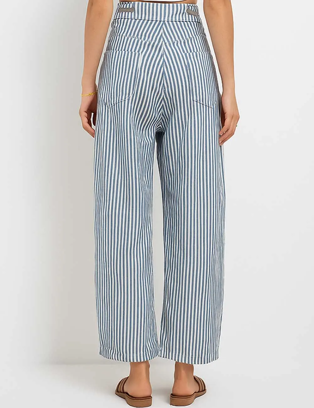 Striped Color Block Drawstring Barrel Denim Pants