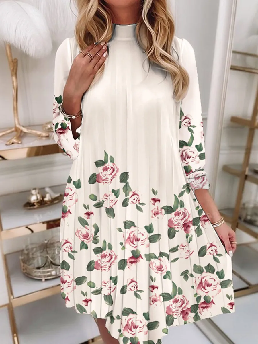 Pleated Print Long Sleeve Dress