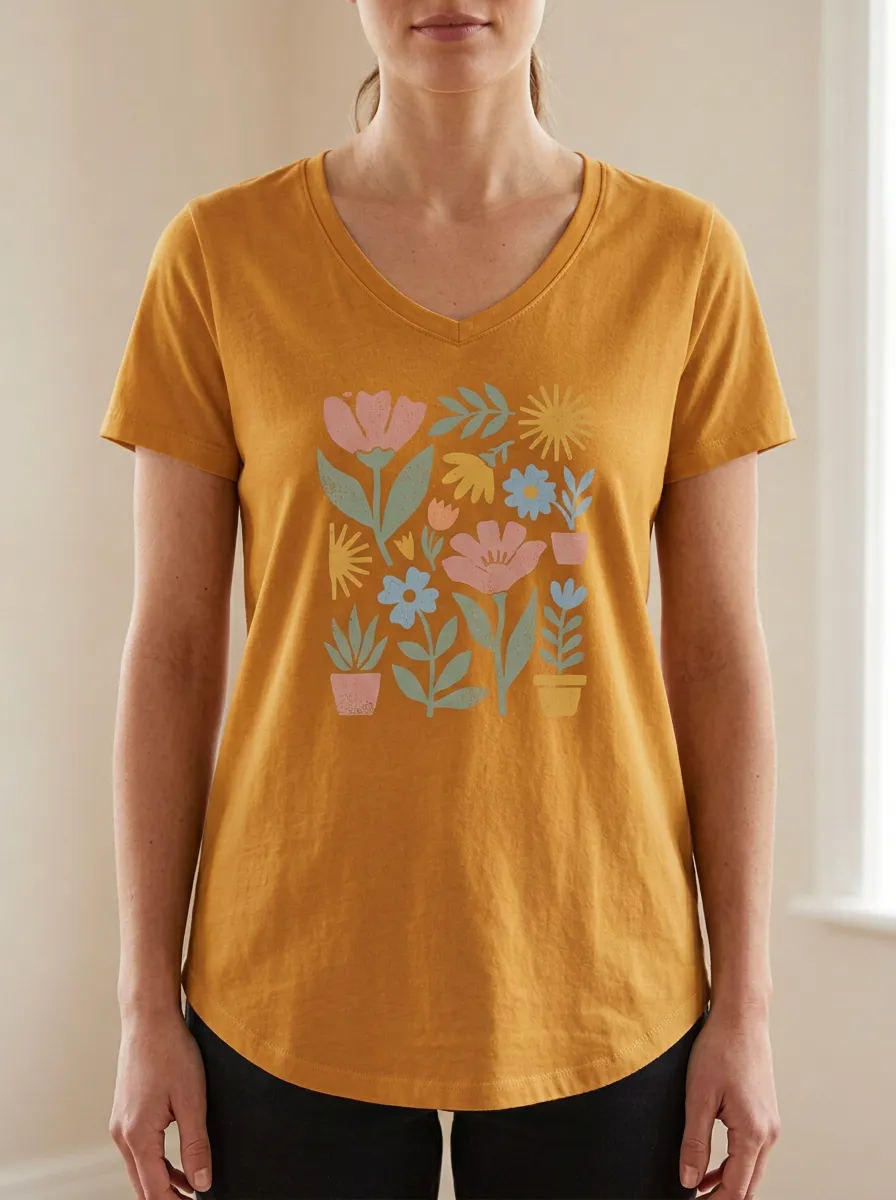 Women's Botanical Garden Floral Sun Print V-Neck T-Shirt