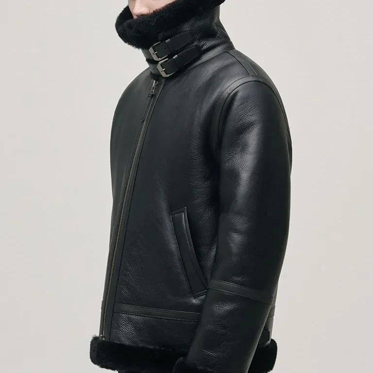 Faux Fur Lined Aviator Leather Jacket