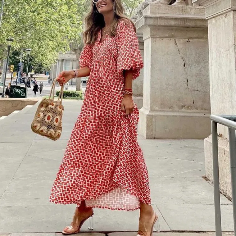 Bohemian Lantern Sleeve Long Dress Printed Large Swing Women's