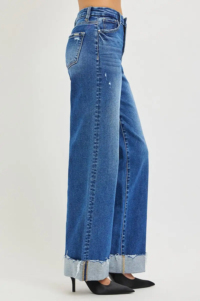 High Rise Raw Hem Cuffed Hem Relaxed Wide Leg Jeans