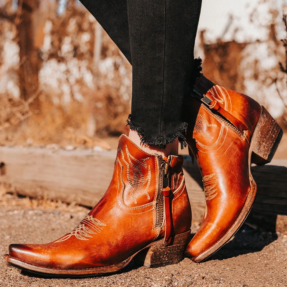Modern Faux-Leather Distressed Embroidered Zip-Up Western Boots