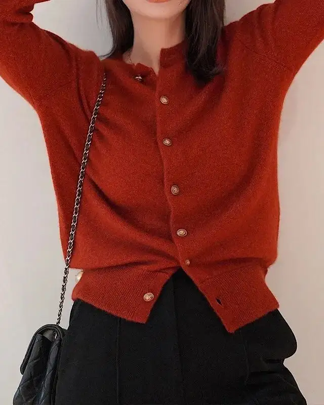 Classic Wool Button-Front Round-Neck Cropped Cardigan