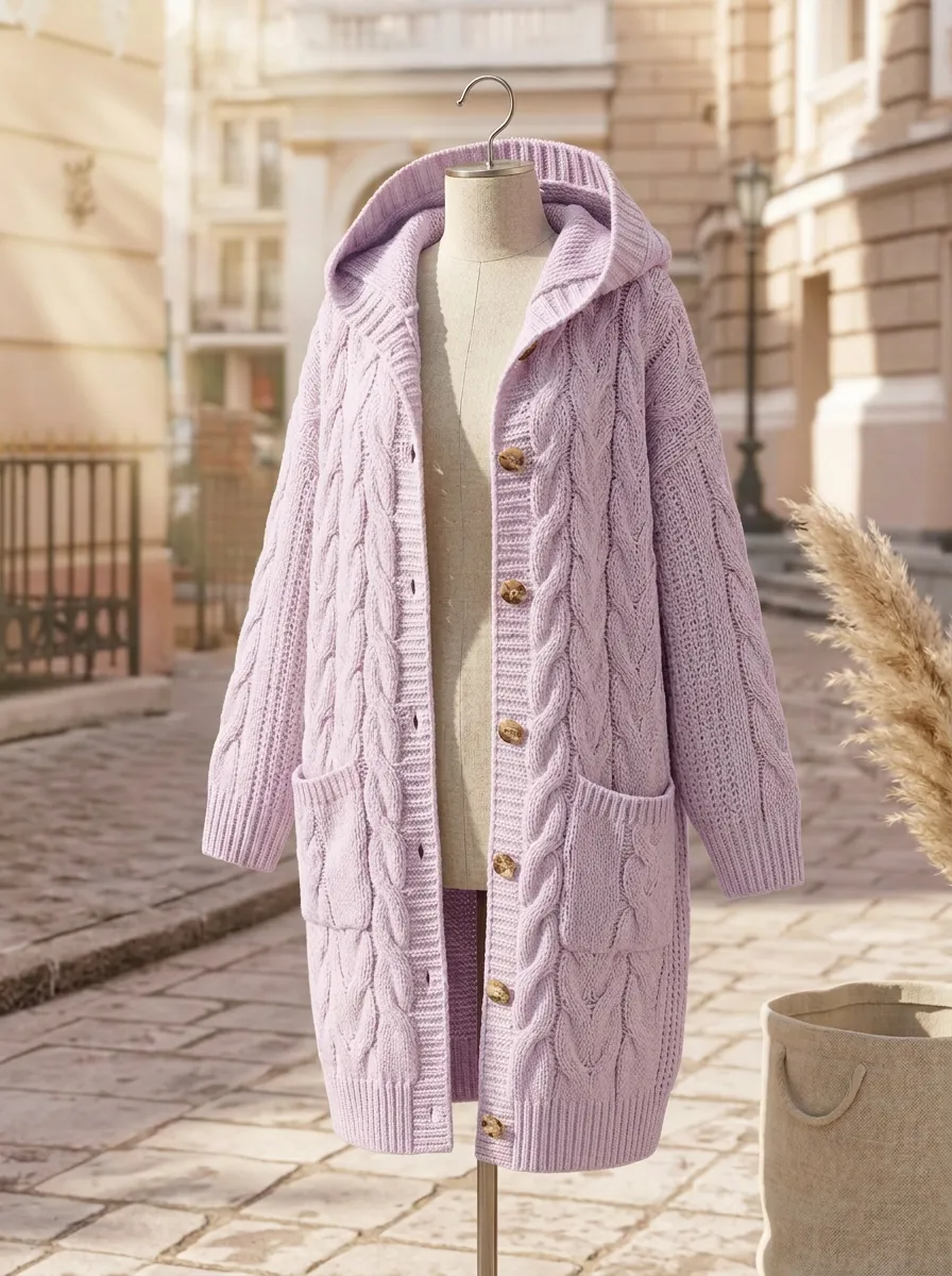 Refined Cable-Knit Button-Front Women's Hooded Knit Cardigan