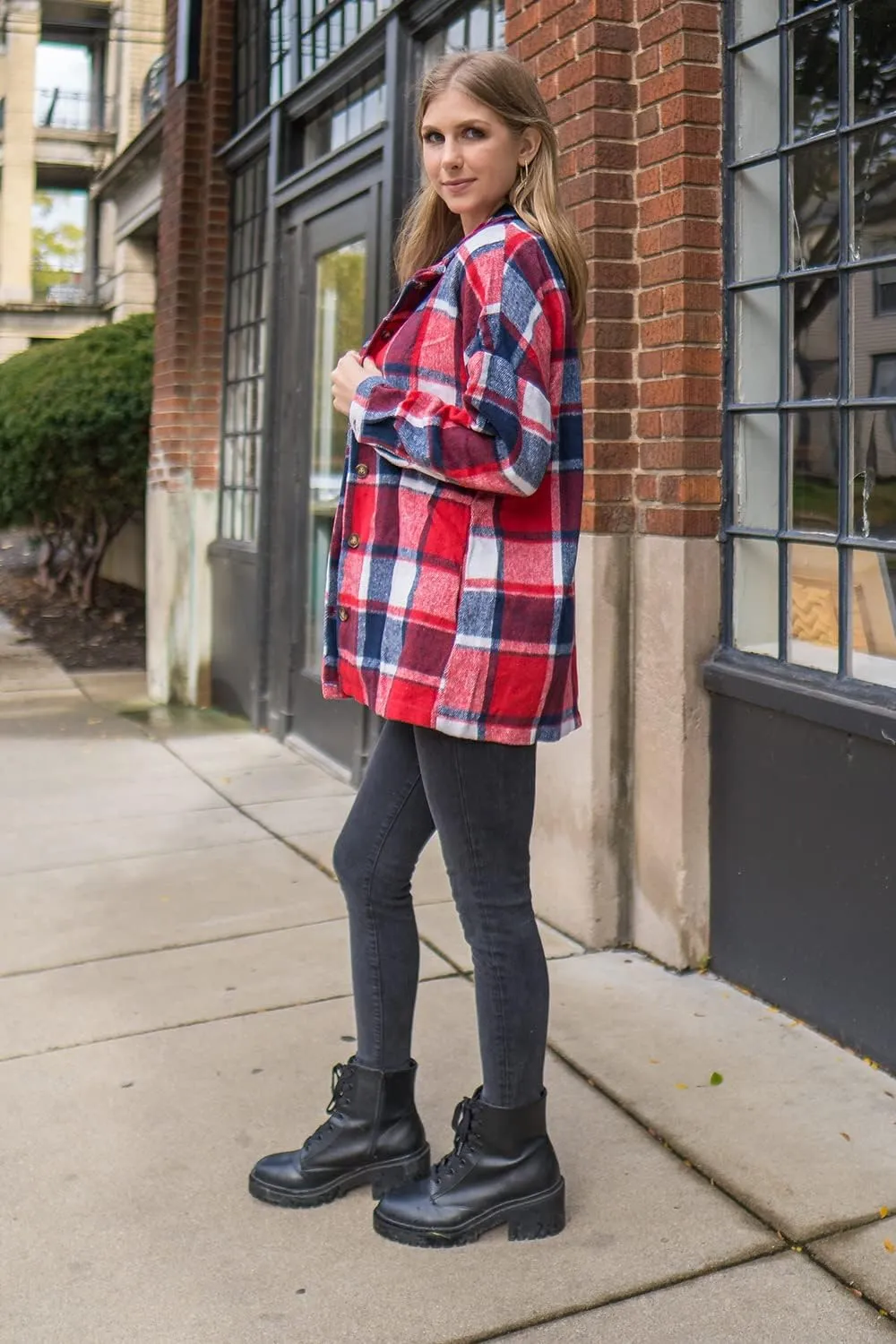 Women's 2023 Fall Clothes Plaid Shacket Jacket Long Sleeve Button Down Flannel Shirts Fashion Blouse
