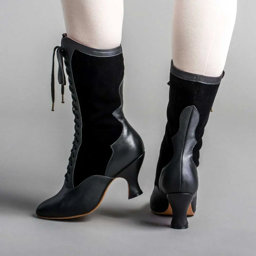 Faux-Leather Lace-Up Patchwork Spool-Heel Mid-Calf Boots