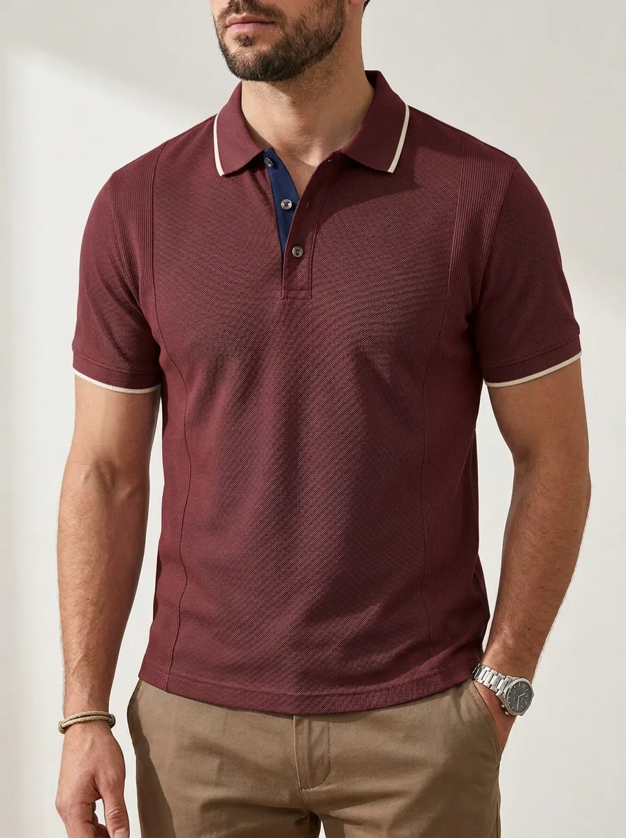 Men's Knit Ribbed Textured Contrast-Trim Polo Shirt