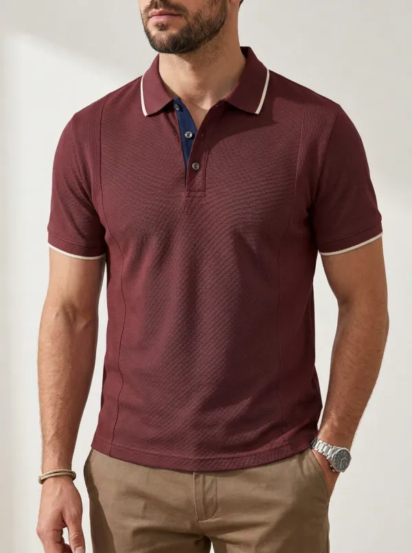 Men's Knit Ribbed Textured Contrast-Trim Polo Shirt